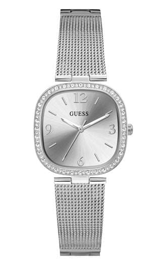 Dámske hodinky Guess Tessa — strieborné, mesh remienok s kryštálmi