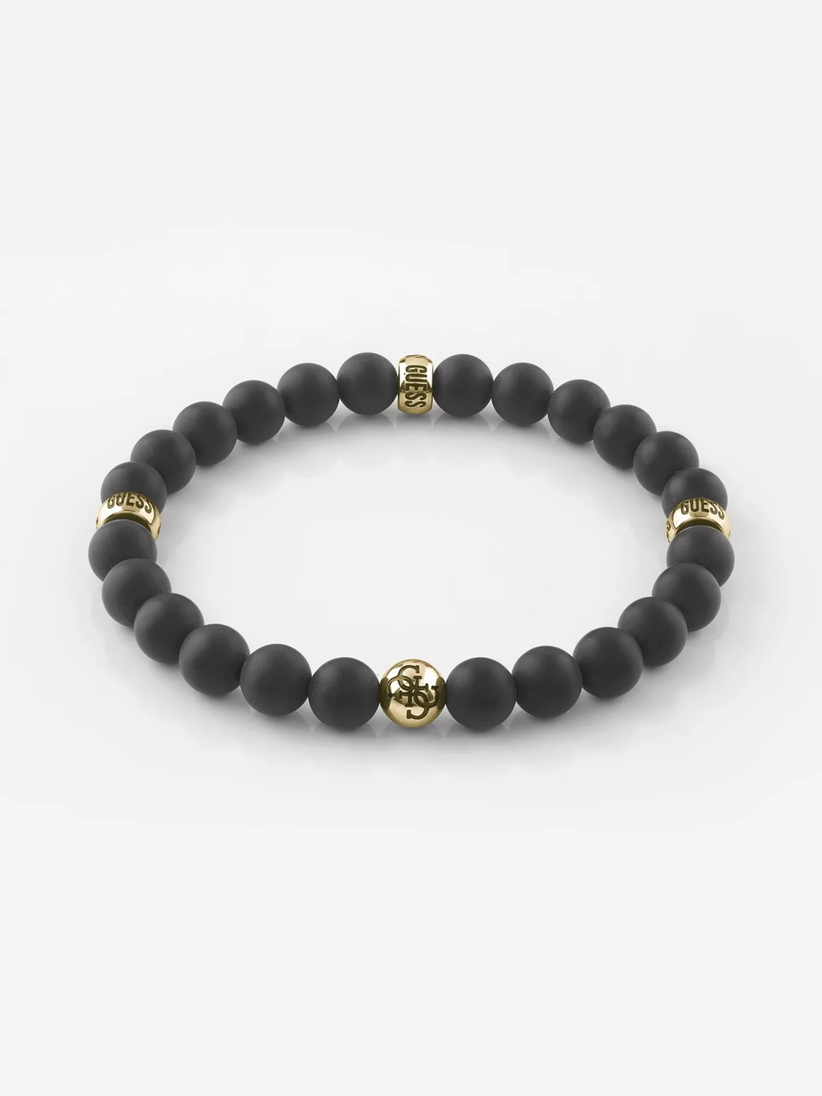 Pánsky náramok Guess Lion Bead — matný čierny onyx so zlatým logom