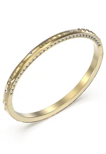 Dámsky bangle Guess Logo — zlatý s gravírom a kryštálmi