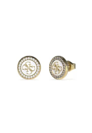 Dámske stud náušnice Guess 4G — zlaté s monogramom a kryštálovým lemovaním