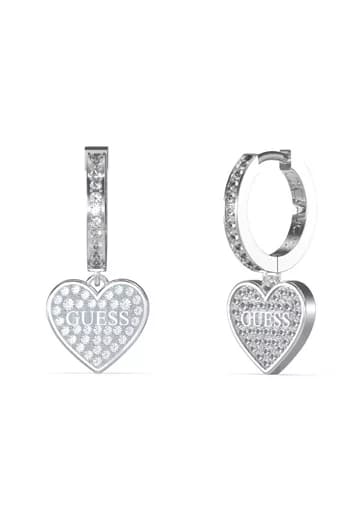 Dámske visiace náušnice Guess Heart — strieborné srdce s kryštálmi