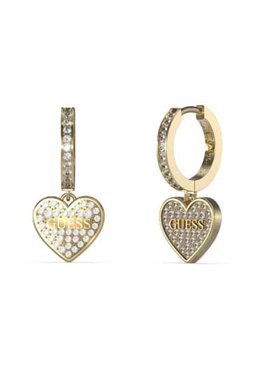 Dámske visiace náušnice Guess Heart — zlaté srdce s kryštálmi