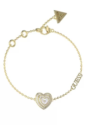 Dámsky retiazkový náramok Guess Heart Pearl — zlatý srdcový charm s perlou