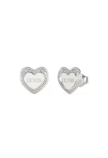 Dámske stud náušnice Guess Heart — strieborné srdce s logom a kryštálovým lemovaním