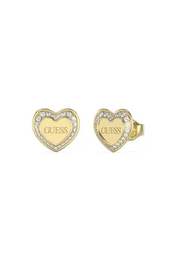Dámske stud náušnice Guess Heart — zlaté srdce s logom a kryštálovým lemovaním