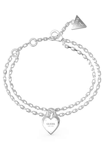 Dámsky retiazkový náramok Guess Heart Lock — strieborný s gravírovaným srdcom