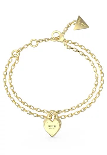 Dámsky retiazkový náramok Guess Heart Lock — zlatý s gravírovaným srdcom