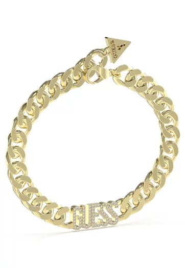Dámsky cuban link náramok Guess — zlatý hrubý chain s logo aplikáciou