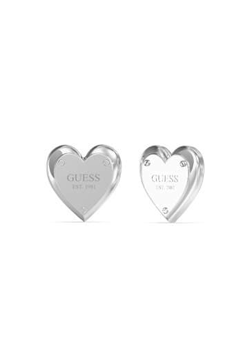 Dámske stud náušnice Guess Heart EST. 1981 — strieborné s logom