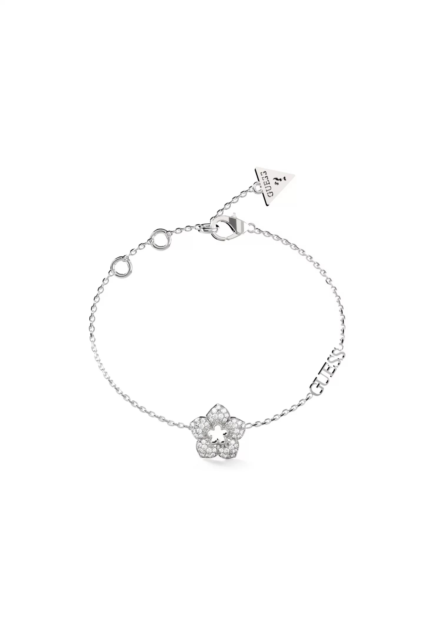 Dámsky retiazkový náramok Guess Bloom — strieborný kvetinový charm + logo