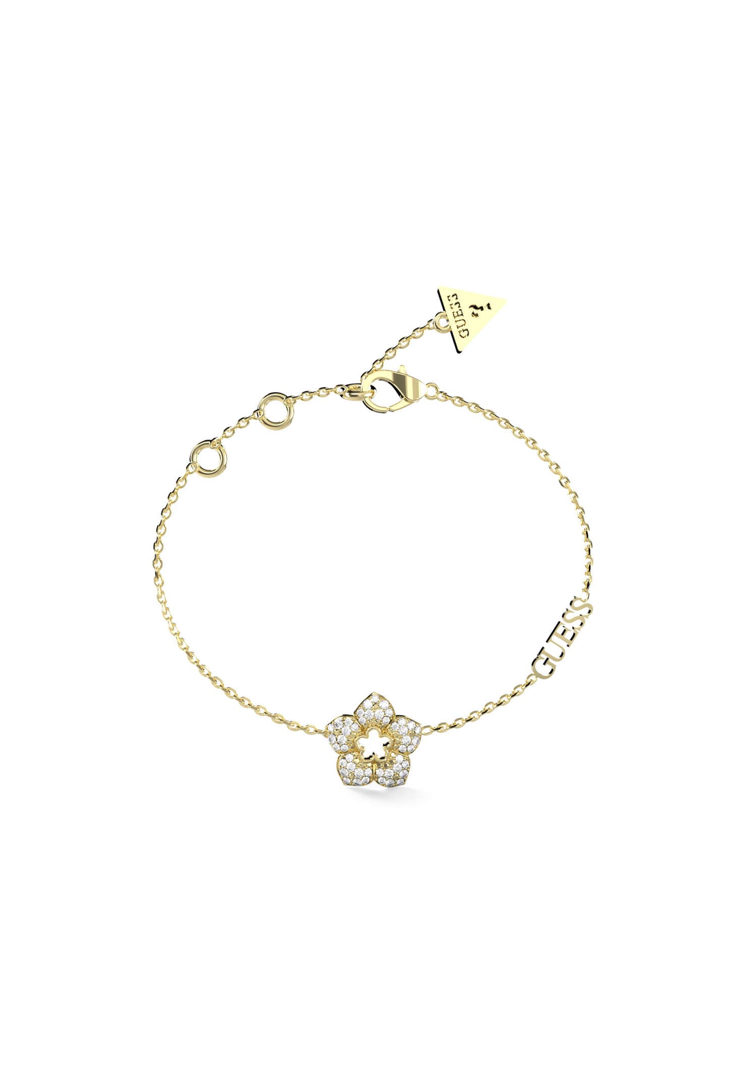 Dámsky retiazkový náramok Guess Bloom — zlatý kvetinový charm + logo