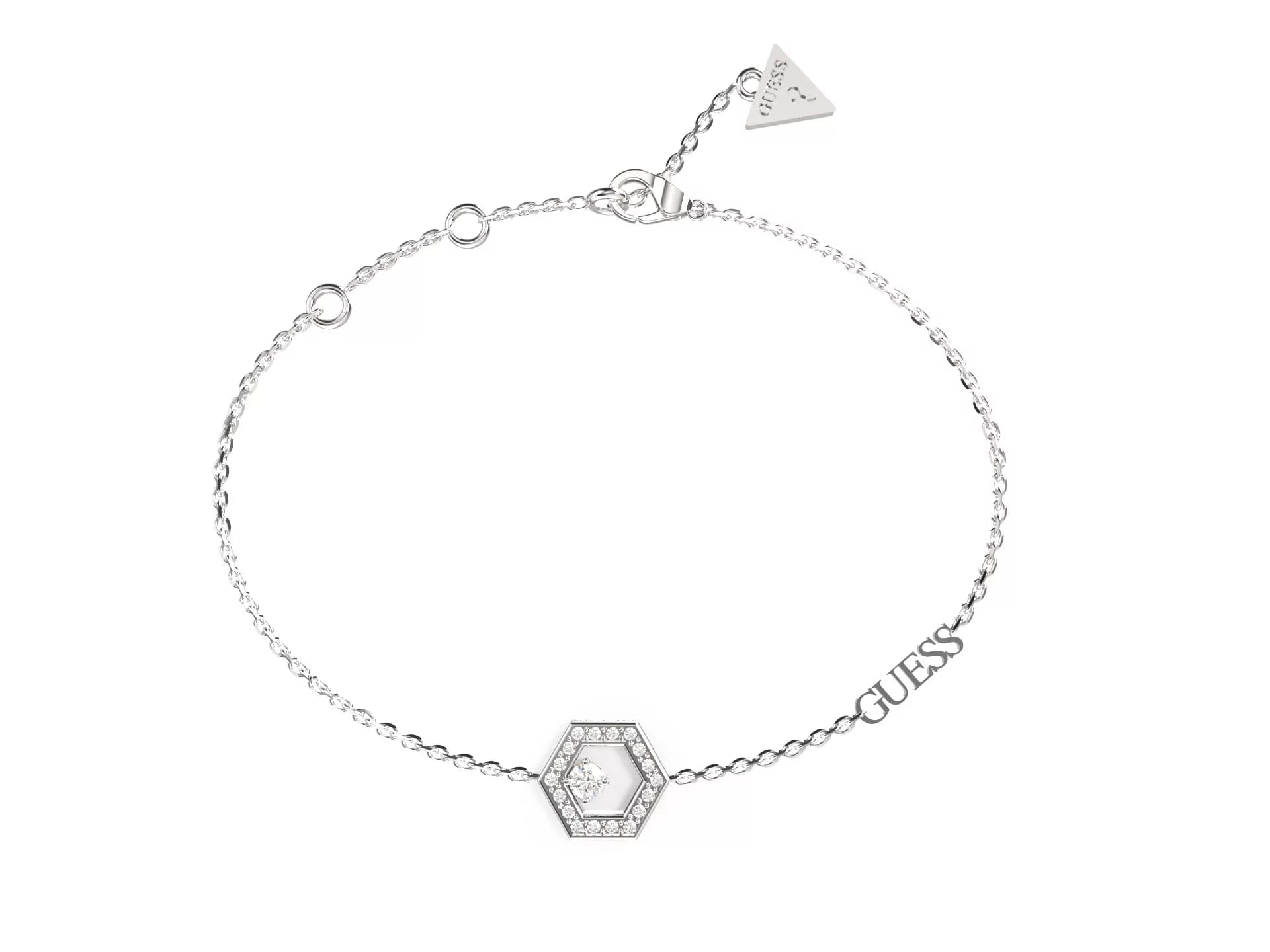 Dámsky retiazkový náramok Guess Honeycomb — strieborný hexagon s centrálnym kryštálom