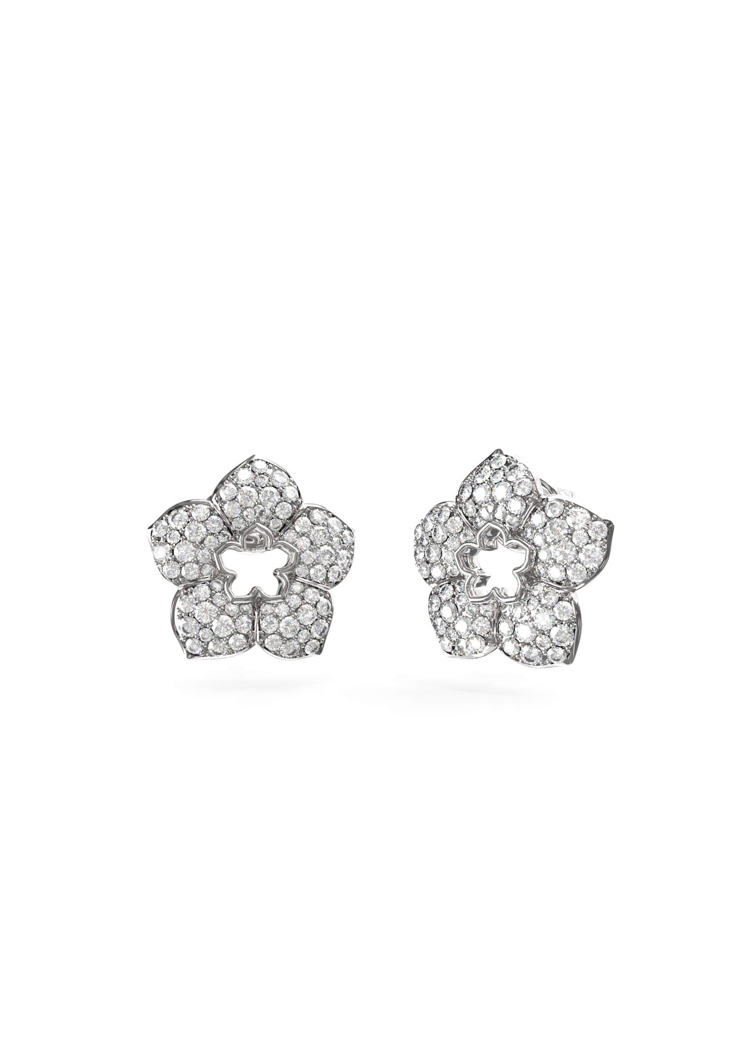 Dámske stud náušnice Guess Bloom — strieborné pavé kvety s vyrezaným jadrom