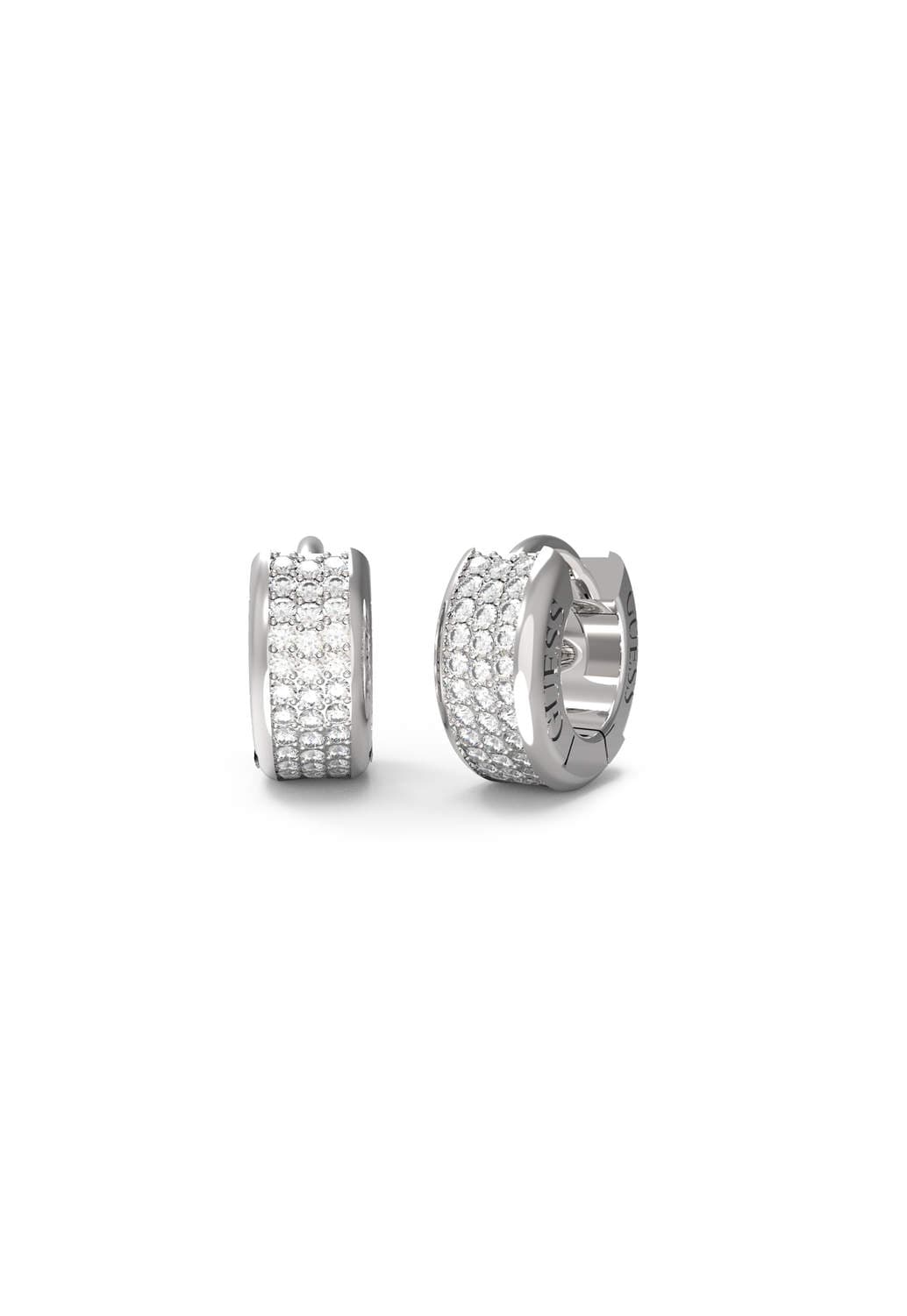 Dámske huggie hoop náušnice Guess Pavé Wide — strieborné s tromi radmi kryštálov