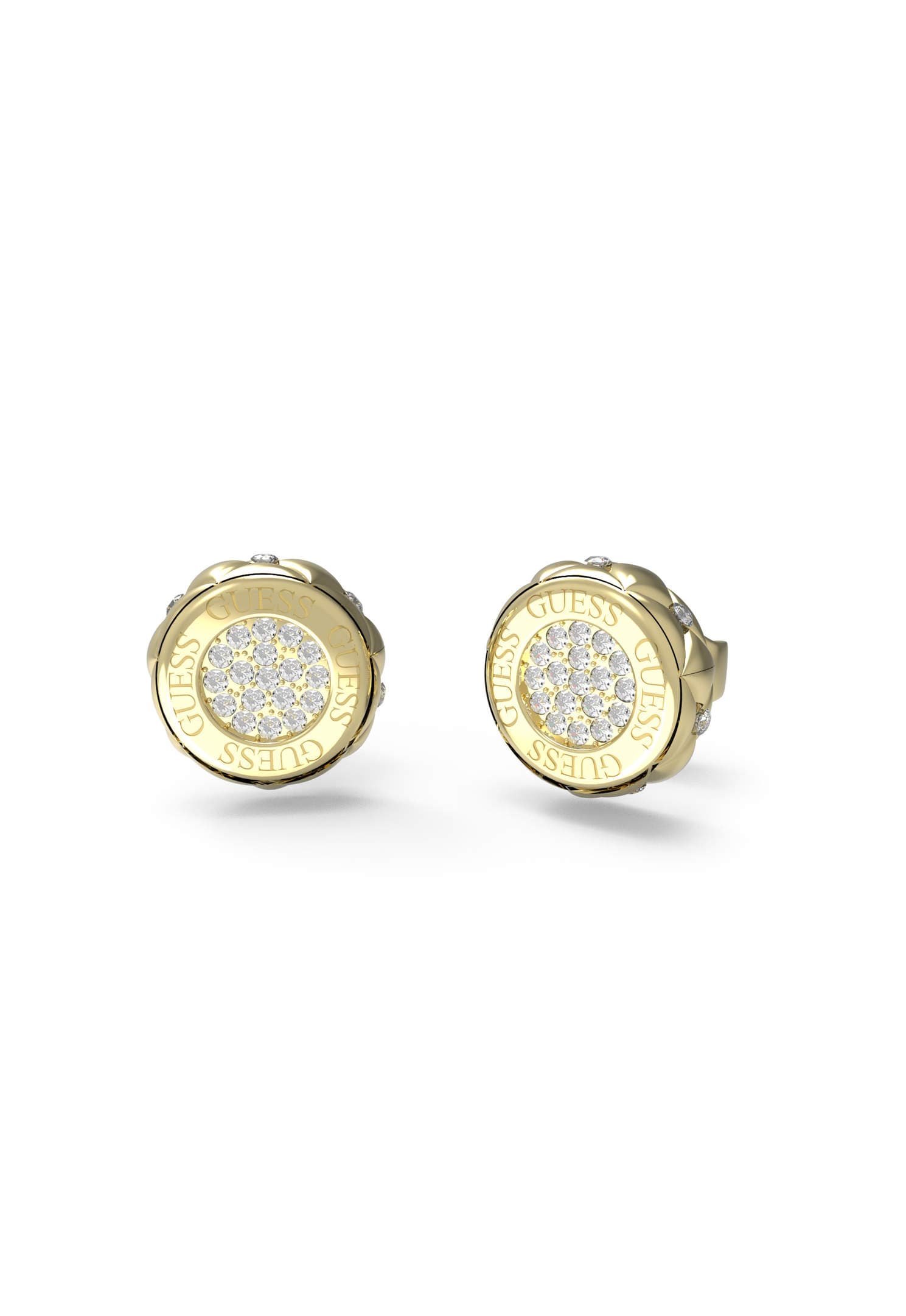 Dámske stud náušnice Guess Logo Bezel — zlaté s pavé jadrom a logom okolo