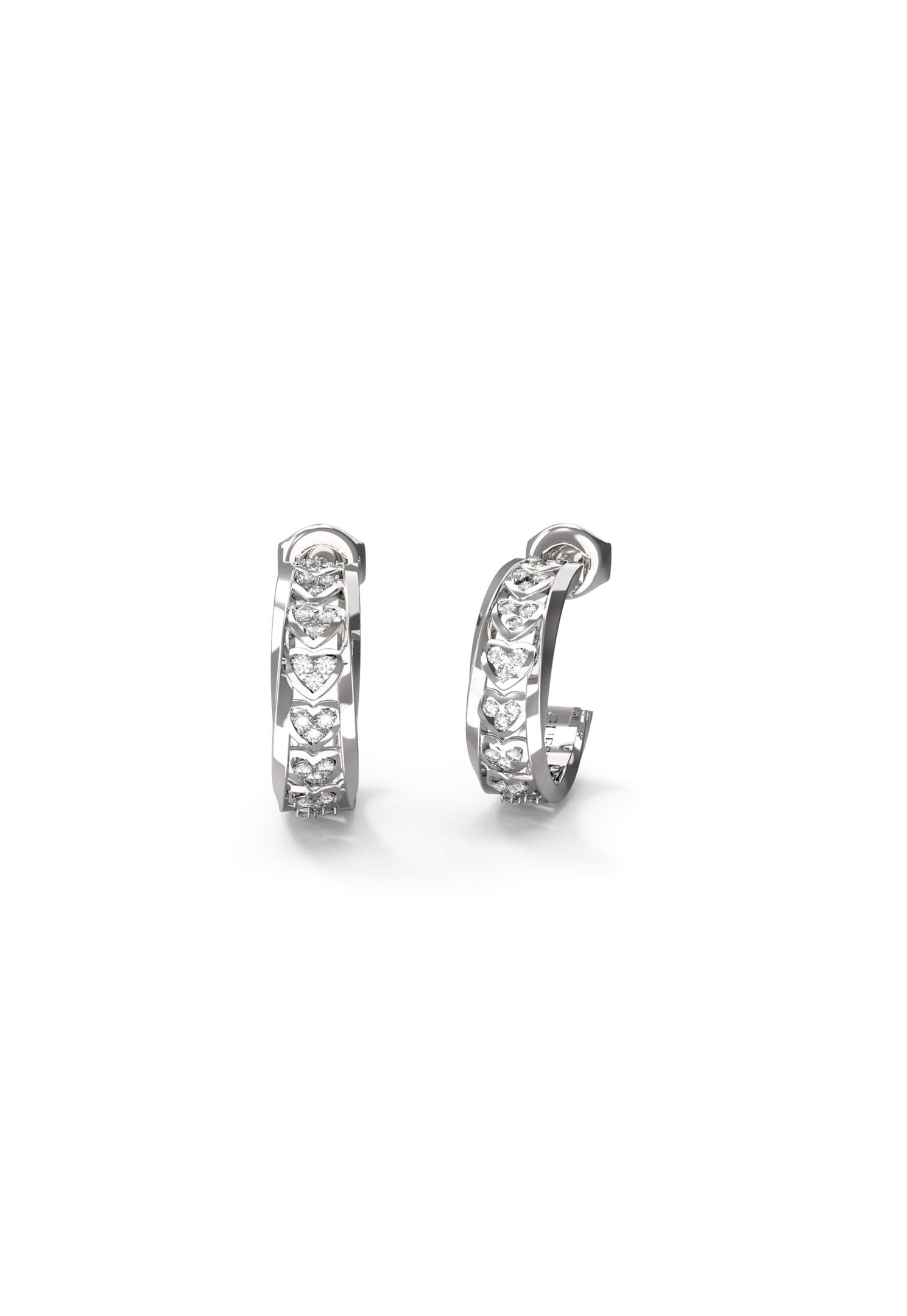 Dámske huggie hoop náušnice Guess Hearts — strieborné s pavé srdcami