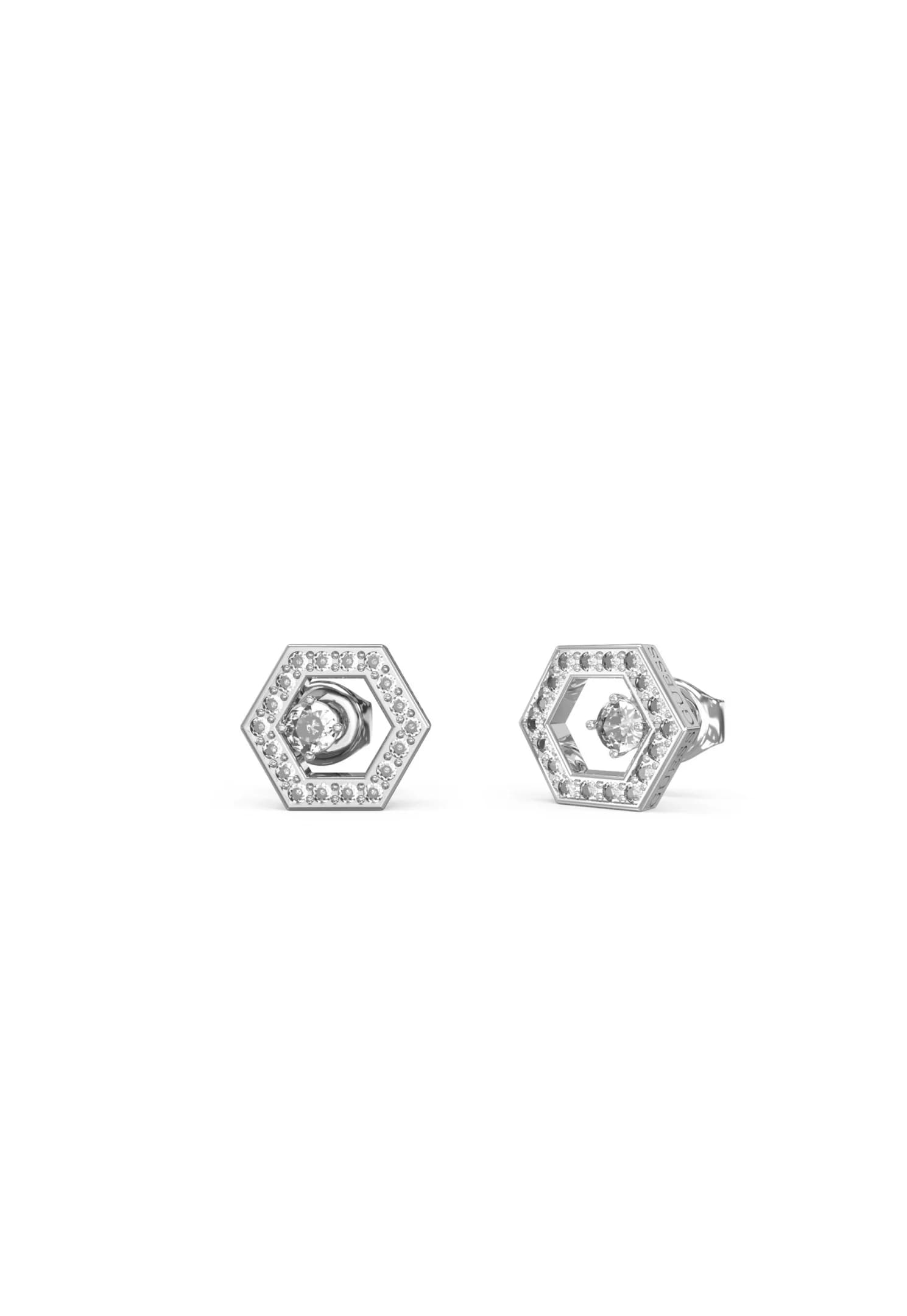 Dámske stud náušnice Guess Honeycomb — strieborný hexagon s centrálnym kryštálom