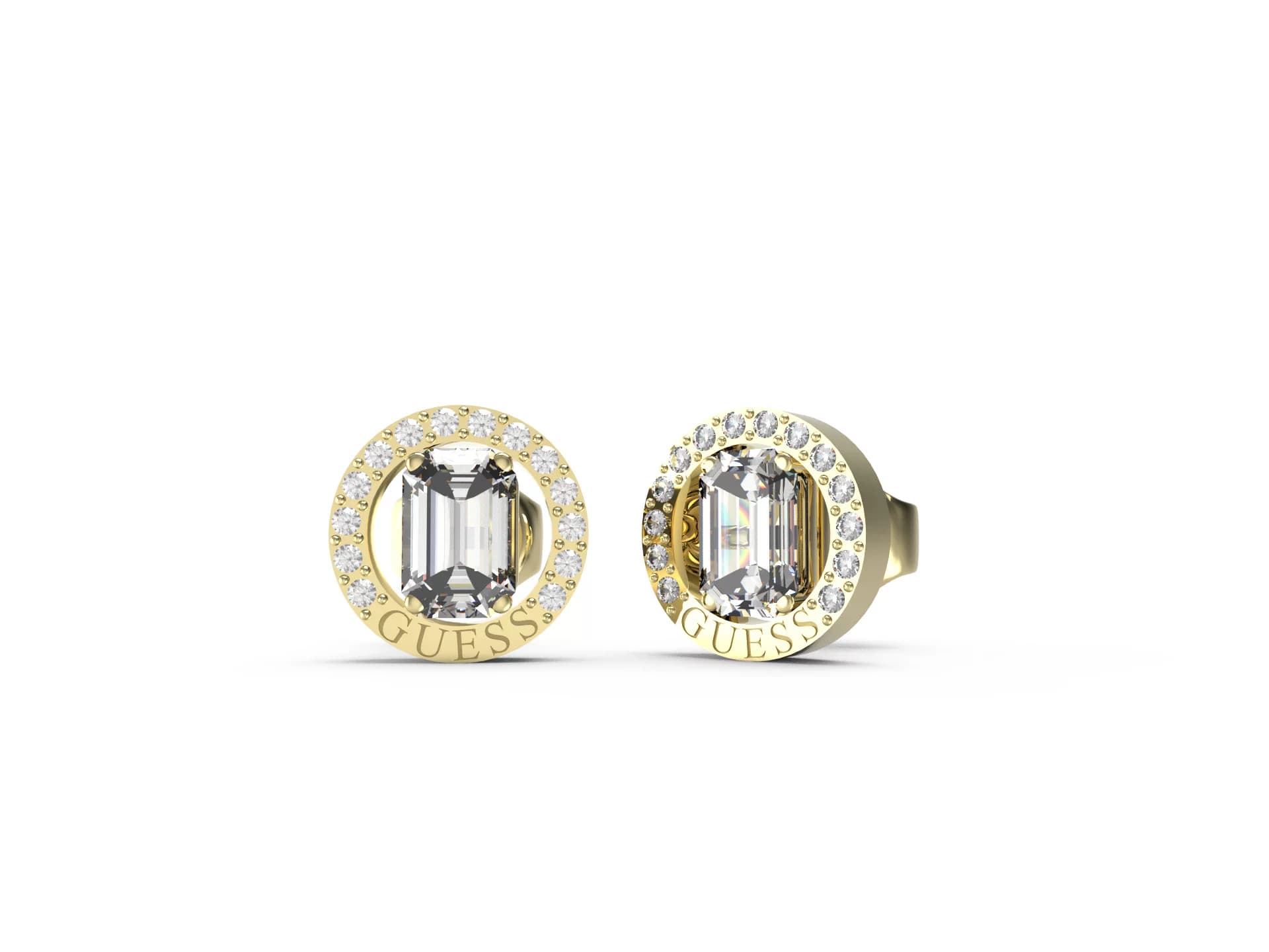 Dámske stud náušnice Guess Emerald Halo — zlaté s emerald cut centrom