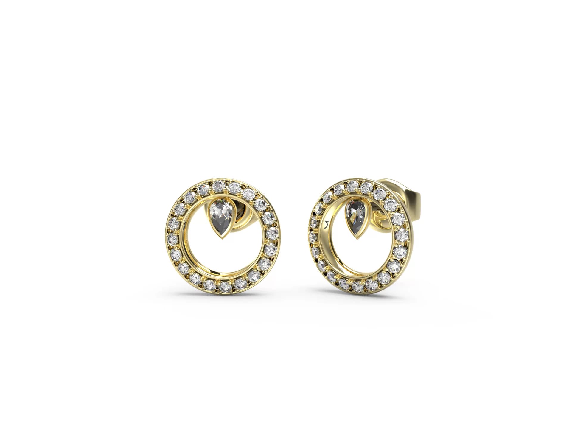 Dámske stud náušnice Guess Pear Circle — zlaté s pear cut centrom v kruhu