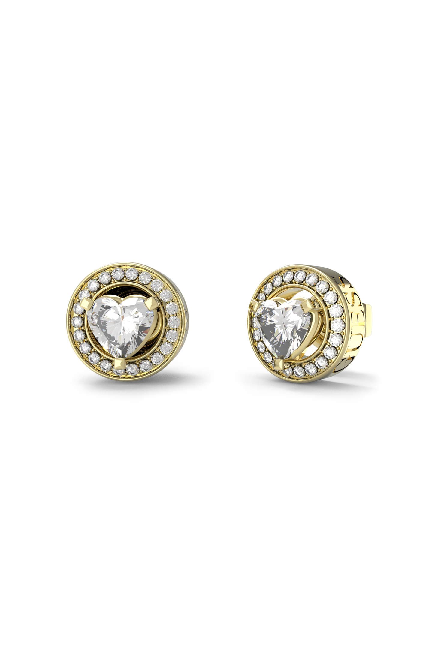 Dámske stud náušnice Guess Heart Cut Halo — zlaté so srdcovým kryštálom