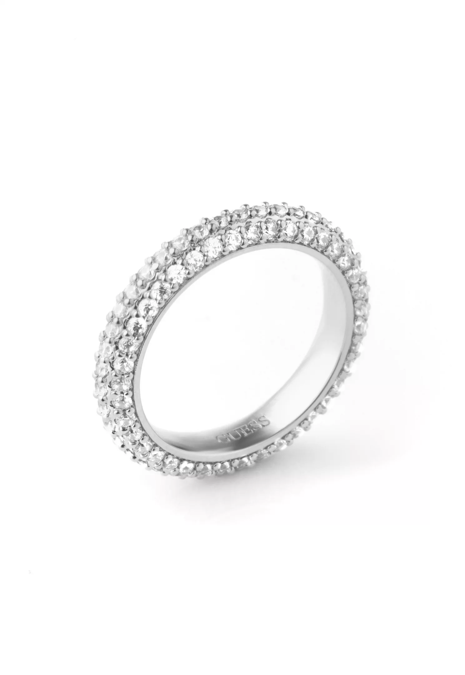 Dámsky prsteň Guess Pavé Band — strieborný eternity s tromi radmi kryštálov