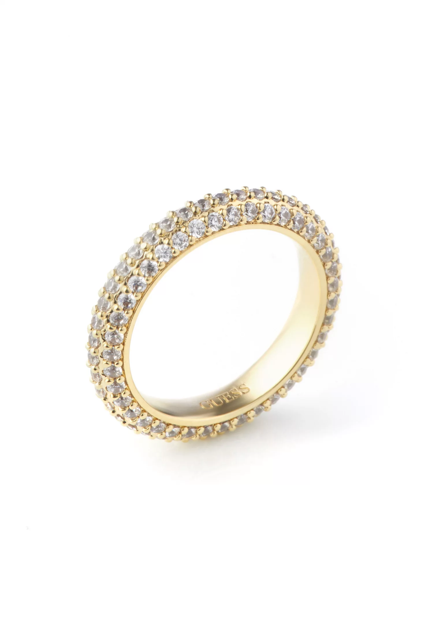 Dámsky prsteň Guess Pavé Band — zlatý eternity s tromi radmi kryštálov