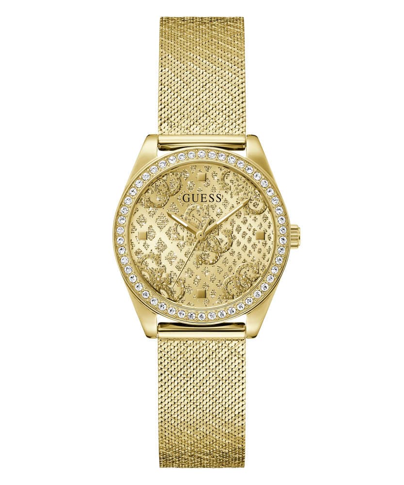 Dámske hodinky Guess Logo Mania — zlaté s 4G monogramom na ciferníku a mesh remienkom
