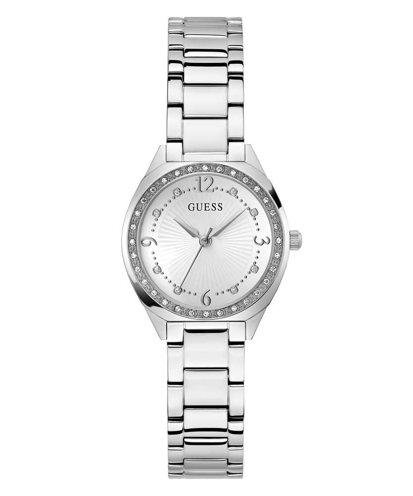 Dámske hodinky Guess Sunrise — strieborné s arabskými číslami a guilloché ciferníkom